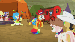Size: 500x281 | Tagged: safe, screencap, bonnie rose, caramel, cherry cola, cherry fizzy, hehe helium, penny ante, earth pony, pony, appleoosa's most wanted, animated, appleloosa resident, background pony, barrel, butt, clown, clown nose, female, juggling, laughing, makeup, male, mare, plot, rodeo clown, stallion, unnamed pony