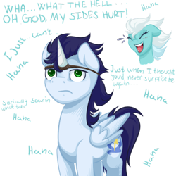 Size: 480x480 | Tagged: safe, artist:chiweee, fleetfoot, soarin', pony, fanfic:piercing the heavens, backwards cutie mark, fake horn, fanfic art, laughing, unamused