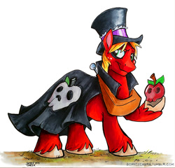 Size: 850x815 | Tagged: safe, artist:spainfischer, big macintosh, earth pony, pony, apple, cape, clothes, costume, hat, mac the ripper, male, nightmare night, nightmare night costume, raised hoof, signature, solo, stallion