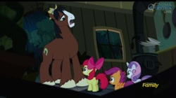 Size: 1077x603 | Tagged: safe, screencap, apple bloom, scootaloo, sweetie belle, trouble shoes, earth pony, pegasus, pony, unicorn, appleoosa's most wanted, cutie mark crusaders, discovery family logo, door, female, filly, frown, male, open mouth, rain, size difference, stallion, window