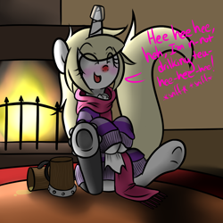 Size: 1200x1200 | Tagged: safe, artist:fullmetalpikmin, oc, oc only, oc:cherry blossom, clothes, congenital amputee, drunk, fireplace, handkerchief, hooves, scarf, sick, solo, sweater, tissue, underhoof