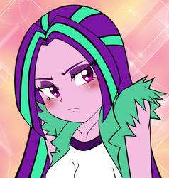 Size: 855x898 | Tagged: safe, artist:trainbang, aria blaze, equestria girls, alternate hairstyle, ariabetes, beautiful, blushing, cute, female, green hair, loose hair, multicolored hair, purple background, purple hair, simple background, solo, tsundaria, tsundere