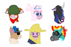 Size: 1420x931 | Tagged: safe, artist:derek the metagamer, arizona cow, oleander, paprika paca, pom lamb, tianhuo, velvet reindeer, alpaca, classical unicorn, cow, deer, lamb, longma, reindeer, sheep, them's fightin' herds, bust, calf, community related, crossover, digital drawing, fightin' six, fire, heavy, leonine tail, medic, portrait, pyro, sniper, soldier, spy, team fortress 2