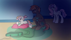 Size: 1024x576 | Tagged: safe, artist:1231redflame, button mash, sweetie belle, oc, oc:pixel bit, father and child, father and daughter, female, male, offspring, older, parent and child, parent:button mash, parent:sweetie belle, parents:sweetiemash, shipping, story included, straight, sweat, sweetiemash, video game