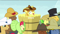 Size: 1920x1080 | Tagged: safe, screencap, apple bumpkin, apple fritter, blues, braeburn, caramel, cherry cola, cherry fizzy, coco crusoe, meadow song, noteworthy, pony, appleoosa's most wanted, apple family member, eyes closed, faic, floppy ears, hat, hay, hay bale, hayburn, laughing, meme, open mouth, silly, silly pony, soon, wavy mouth, wide eyes