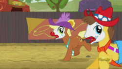 Size: 500x281 | Tagged: safe, screencap, caramel, meadow song, earth pony, pony, appleoosa's most wanted, animated, clothes, clown, clown nose, cowboy hat, discovery family, discovery family logo, hat, hay, hay bale, makeup, male, rodeo clown, stallion