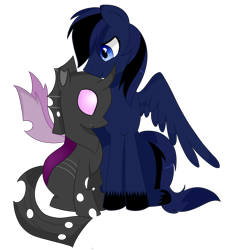 Size: 4000x4400 | Tagged: safe, artist:emera33, oc, oc only, oc:fluffy fang, oc:kojach limeryn, changeling, pegasus, pony, cute, female, interspecies, male, oc x oc, purple changeling, shipping, straight