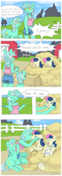 Size: 556x1560 | Tagged: safe, artist:cabyowl, bon bon, lyra heartstrings, sweetie drops, anthro, earth pony, pony, unicorn, adorabon, anthro ponidox, anthro with ponies, comic, couple, cute, exclamation point, eyes closed, farm, female, fence, floppy ears, hay, haystack, interrobang, kissing, lesbian, lyrabetes, lyrabon, midriff, open mouth, playful, question mark, self ponidox, shipping, shocked, smiling, surprise kiss, surprised, wide eyes