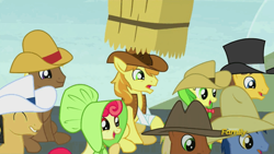 Size: 500x281 | Tagged: safe, screencap, apple bumpkin, apple fritter, blues, braeburn, caramel, cherry cola, cherry fizzy, coco crusoe, meadow song, noteworthy, pony, appleoosa's most wanted, apple family member, discovery family, discovery family logo, faic, frown, hat, hay bale, hayburn, laughing