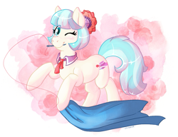 Size: 1081x830 | Tagged: safe, artist:chimaerok, coco pommel, pony, abstract background, cute, female, mare, mouth hold, needle, solo, wink