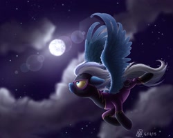Size: 1650x1320 | Tagged: dead source, safe, artist:spacechickennerd, night glider, pegasus, pony, clothes, cloud, cloudy, featured on derpibooru, female, floppy ears, flying, frown, glare, goggles, lens flare, looking up, mare, mare in the moon, moon, night, shadowbolts, shadowbolts costume, sky, solo, spread wings