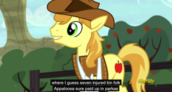 Size: 1600x855 | Tagged: safe, screencap, braeburn, appleoosa's most wanted, meme, youtube caption