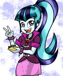 Size: 1024x1237 | Tagged: safe, artist:alligatorgummy, sonata dusk, equestria girls, rainbow rocks, bracelet, clothes, credits, jewelry, open mouth, peace sign, ponytail, shine like rainbows, skirt, snack, solo, spiked wristband, taco