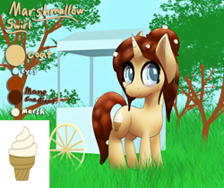 Size: 5576x4677 | Tagged: safe, artist:ampderg, oc, oc only, oc:marshmallow swirl, food pony, ice cream pony, original species, unicorn, absurd resolution, chocolate, cute, female, food, grass, ice cream, marshmallow, marshmallows, outdoors, reference sheet, rocky road, solo