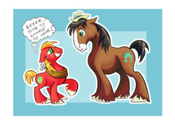 Size: 820x591 | Tagged: safe, artist:nukilik, big macintosh, trouble shoes, earth pony, pony, appleoosa's most wanted, eye contact, floppy ears, frown, grin, male, nervous, raised hoof, size comparison, size difference, smiling, stallion, sweat, thought bubble, unshorn fetlocks