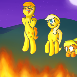 Size: 1000x1000 | Tagged: safe, artist:tastypony, peachy pie, sunny daze, pony, bipedal, evil laugh, fire, older, scared