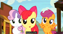 Size: 1600x855 | Tagged: safe, screencap, apple bloom, scootaloo, sweetie belle, appleoosa's most wanted, colin, cutie mark crusaders, meme, youtube caption