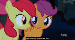 Size: 1600x855 | Tagged: safe, screencap, apple bloom, scootaloo, appleoosa's most wanted, meme, youtube caption