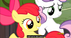 Size: 1600x855 | Tagged: safe, screencap, apple bloom, sweetie belle, appleoosa's most wanted, meme, youtube caption