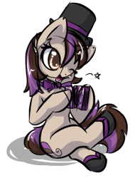 Size: 406x534 | Tagged: safe, artist:sapphfyr, oc, oc only, oc:bowtie, bowtie, card, female, hat, open mouth, sitting, top hat, wink