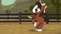 Size: 1920x1080 | Tagged: safe, screencap, trouble shoes, earth pony, pony, appleoosa's most wanted, colt, cute, fence, happy, hat, little troubleshoes, male, rearing, smiling, troublebetes, younger