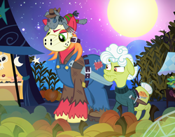 Size: 1000x782 | Tagged: safe, artist:pixelkitties, big macintosh, granny smith, smarty pants, earth pony, pony, scare master, clothes, costume, doll, freddy krueger, friday the 13th, jason voorhees, male, mask, nightmare night, nightmare on elm street, pamela voorhees, stallion, toy