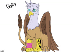 Size: 1280x905 | Tagged: safe, artist:bis'9, oc, oc only, griffon, fluffy, simple background, sitting, smiling, solo, tattoo