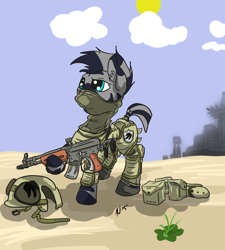 Size: 2500x2778 | Tagged: safe, artist:dombrus, oc, oc only, zebra, fallout equestria, clothes, fallout las pegasus, gun, helmet, nzr