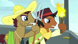 Size: 1280x720 | Tagged: safe, screencap, beuford, mccree, earth pony, pony, appleoosa's most wanted, background pony, cowboy hat, duo, hat, hoof hold, male, pitchfork, stallion, stubble, torch