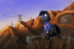 Size: 1133x755 | Tagged: safe, artist:dryayberg, oc, oc only, fallout equestria, mountain, solo, vault suit