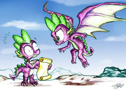 Size: 1024x730 | Tagged: safe, artist:loreto-arts, spike, dragon, hilarious in hindsight, self dragondox, self paradox, spike can fly, story in the comments, traditional art, wide eyes, winged spike, wings