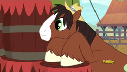 Size: 1920x1080 | Tagged: safe, screencap, trouble shoes, appleoosa's most wanted, barrel, cute, discovery family logo, hat, leaning, smiling, solo, stubble, troublebetes, unshorn fetlocks, watching