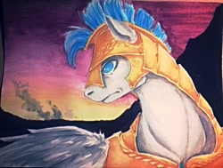 Size: 900x680 | Tagged: safe, artist:sugarheartart, armor, bust, frown, glare, portrait, royal guard, solo, traditional art, twilight (astronomy)