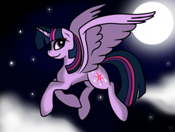 Size: 1024x768 | Tagged: safe, artist:pinkamenascratch, twilight sparkle, twilight sparkle (alicorn), alicorn, pony, female, flying, mare, moon, night, solo