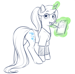 Size: 898x888 | Tagged: safe, artist:askbubblelee, oc, oc only, oc:bubble lee, oc:imago, pony, unicorn, alternate hairstyle, clipboard, looking back, magic, nurse, plot, sketch, smiling, solo