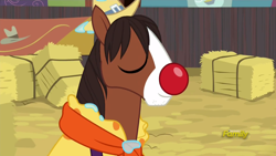 Size: 1920x1080 | Tagged: safe, screencap, trouble shoes, appleoosa's most wanted, clothes, clown nose, cute, eyes closed, happy, hat, hay bale, majestic, smiling, smug, solo, troublebetes, wet