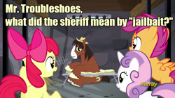 Size: 960x540 | Tagged: safe, edit, edited screencap, screencap, apple bloom, scootaloo, sweetie belle, trouble shoes, appleoosa's most wanted, caption, cutie mark crusaders, jail, jailbait