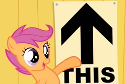 Size: 720x480 | Tagged: safe, edit, edited screencap, screencap, scootaloo, the show stoppers, arrow, cute, cutealoo, image macro, meme, open mouth, pointing, raised hoof, reaction image, smiling, solo, this