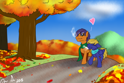 Size: 1920x1279 | Tagged: safe, artist:jinyaranda, oc, oc only, oc:cloud quake, oc:lux, autumn, clothes, gay, leaves, male, oc x oc, scarf, scenery, shipping, tree, walkway