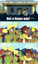 Size: 640x1080 | Tagged: safe, beuford, cherry berry, marmalade jalapeno popette, mccree, sheriff silverstar, star spur, earth pony, pony, appleoosa's most wanted, apple family member, appleloosa, clothes, crowd, image macro, meme, pitchfork, torch