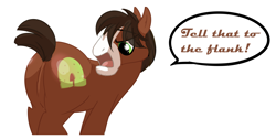 Size: 3584x1808 | Tagged: safe, artist:sidekick, trouble shoes, pony, appleoosa's most wanted, angry, featureless crotch, frown, glare, look at my ass, looking back, male, open mouth, plot, simple background, solo, stallion, transparent background