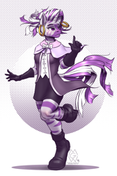 Size: 1620x2444 | Tagged: safe, artist:mykegreywolf, oc, oc only, oc:cherir uzuri, anthro, unguligrade anthro, zebra, zebracorn, zony, anthro oc, boots, clothes, ear piercing, earring, female, gloves, head turn, hooped earrings, jewelry, looking to side, looking to the right, mare, patterned background, piercing, shoes, skirt, solo, zebra oc