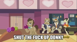 Size: 926x503 | Tagged: safe, screencap, colter sobchak, doctor whooves, jeff letrotski, pony, slice of life (episode), image macro, male, meme, stallion, the big lebowski, theodore donald "donny" kerabatsos, vulgar