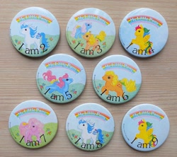 Size: 720x638 | Tagged: safe, applejack (g1), bow tie (g1), cotton candy (g1), majesty, skydancer, g1, irl, merchandise, photo, pin