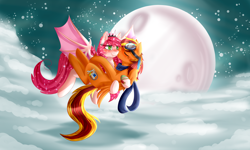 Size: 5000x3000 | Tagged: safe, artist:ruef, oc, oc only, oc:strawberry glimmer, oc:tech talk, bat pony, pony, flying, goggles, kiss on the cheek, kissing, moon, night, stars, strawtech