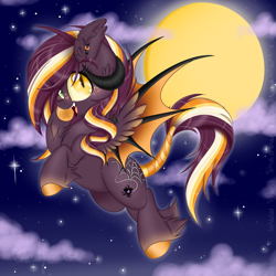 Size: 1024x1024 | Tagged: safe, artist:pvrii, oc, oc only, oc:samhain, bat pony, pony, flying, moon, solo