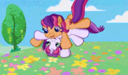 Size: 740x435 | Tagged: safe, screencap, scootaloo, sweetie belle, g3.5, animated, intro, opening, opening theme, rolling, smiling