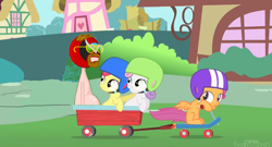 Size: 849x460 | Tagged: safe, edit, screencap, apple bloom, scootaloo, sweetie belle, homestar runner, senor cardgage, wagon