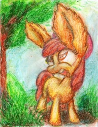 Size: 891x1154 | Tagged: safe, artist:aemantaslim, apple bloom, excited, impossibly large ears, oil pastel, solo, traditional art, tree