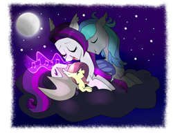 Size: 2629x2041 | Tagged: safe, artist:kaikururu, oc, oc only, oc:lunar lily, oc:sweet hum, oc:swift edge, bat pony, pony, cloud, cute, eyes closed, family, full moon, lying down, music notes, night, night sky, offspring, parent, parent:oc:sweet hum, parent:oc:swift edge, parents:oc x oc, parents:sweetedge, singing, starry night, stars, sweetedge